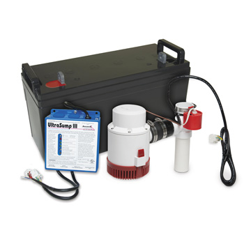 Basement Waterproofing Battery backup sump pump system with components laid out.