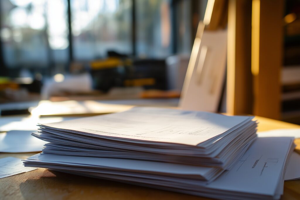 Residential planning permission documents and building permit process stacked on desk, representing crucial steps in construction projects. Concept involves residential planning permission documents AdobeStock 1274368317 permits