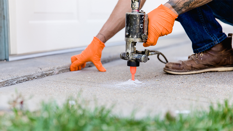 polylevel-worker-injecting-into-driveway Worker injecting Polylevel into driveway to lift it up.