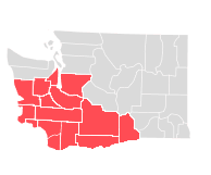 Map highlighting the 6th congressional district of Washington state in red
