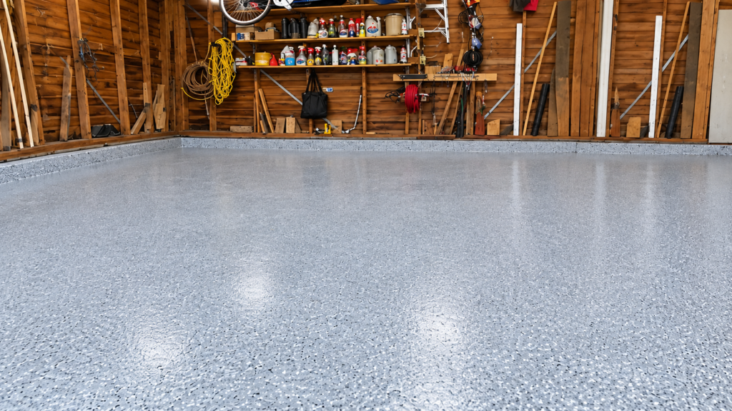 Finished garage with decorative flake floor 2 Big Patio Makeover