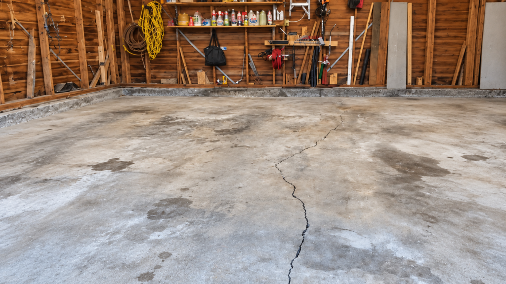Unfinished garage with cracked concrete floor 1 Big Patio Makeover